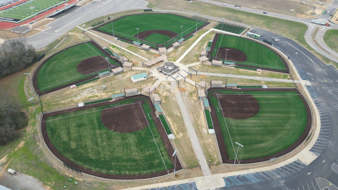 Aerial view of multiple baseball fields complex.