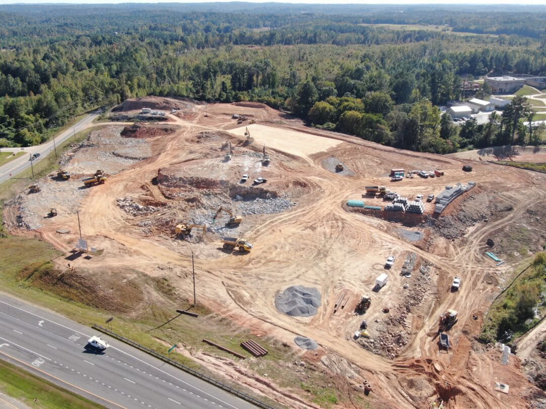 Aerial view of construction site with machinery.