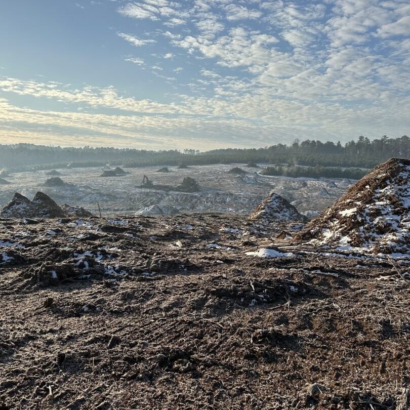 Frozen Land Clearing Site with Mulch Piles Snow-dusted land clearing site with mulch piles under a partly cloudy winter sky